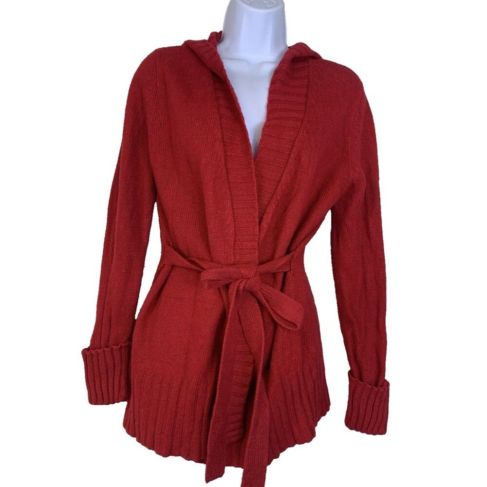 VTG Next Era Hoodie Knit Cardigan Women's L Red Tie Front Ramie Wool Blend Cuffs